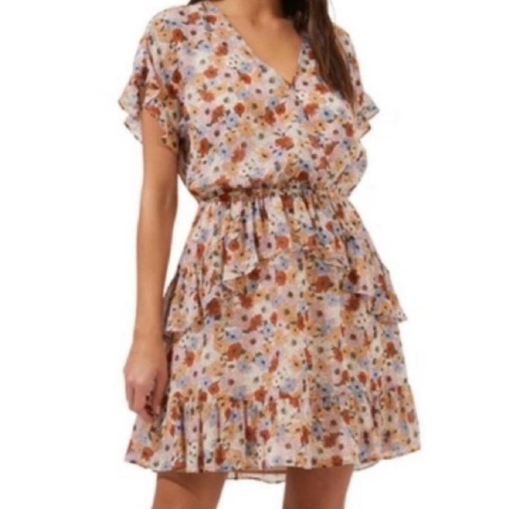 Astr The Label  Size medium ruffled cream flower print  mini dress.